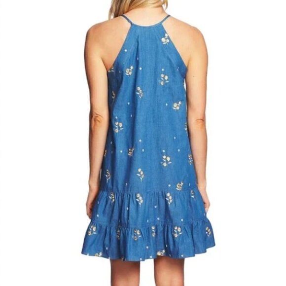 Cece Chambray Denim Sunflower Embroidery Spaghetti Straps Dress - Picture 2 of 9